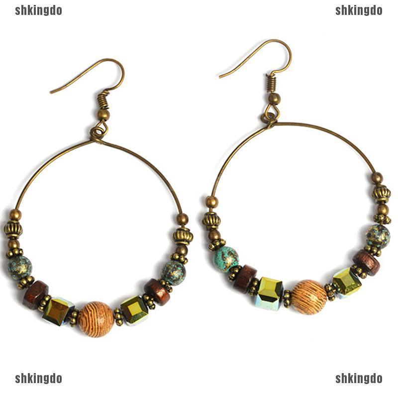 Khuyên tai tròn xỏ hạt phong cách boho cổ điển