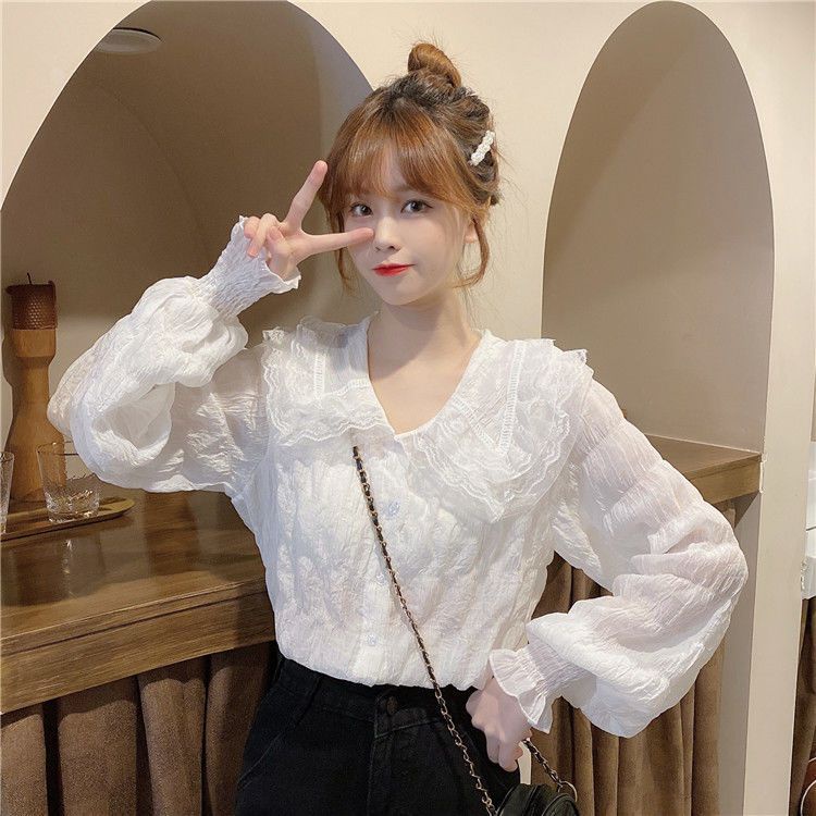 Áo Sơ Mi Chiffon Tay Dài Phồng Xếp Ly Phong Cách Hàn Quốc