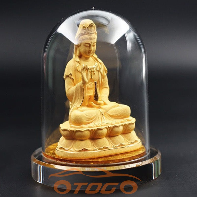 Tượng Phật Quan Âm Nhung Vàng Kim Sa Cao Cấp , Phật Bà Quan Âm Cầm Lọ Cam Lồ Trong Hộp Kính Để Taplo Xe Hơi