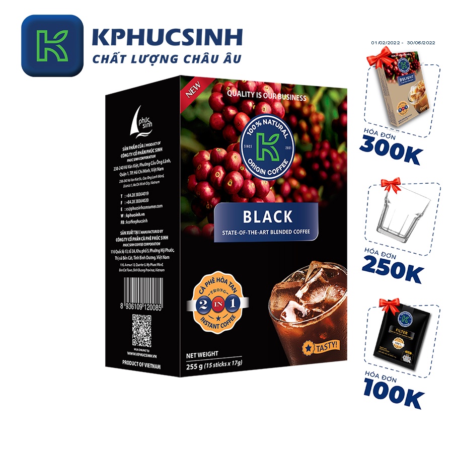 Cà phê đen hòa tan K Black 2in1 255g KPHUCSINH - Hàng Chính Hãng