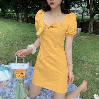 Đầm Tay Phồng Cổ Vuông Phối Nơ Xinh Xắn Theo Phong Cách Pháp