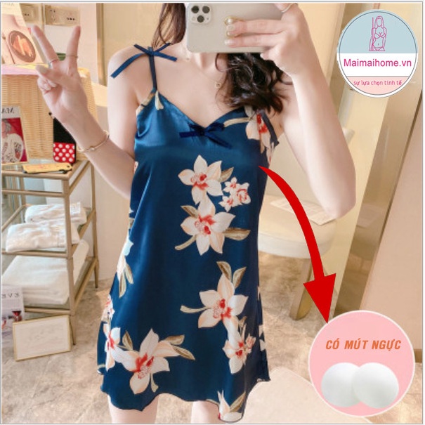 VÁY NGỦ 2 DÂY HOA XANH LỤA SATIN [Maimaihome]