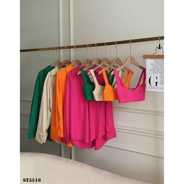 Có mút ngực Set 3 món cực cá tính áo sơ mi phối áo dây croptop kèm quần short