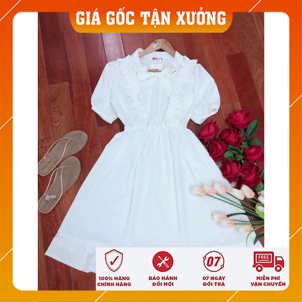 [FREESHIP] Đầm Nữ Trắng Vai Bèo Cộc Tay Buộc Nơ 🦋 Váy Nữ Chất Đũi Dáng Xòe 🦋