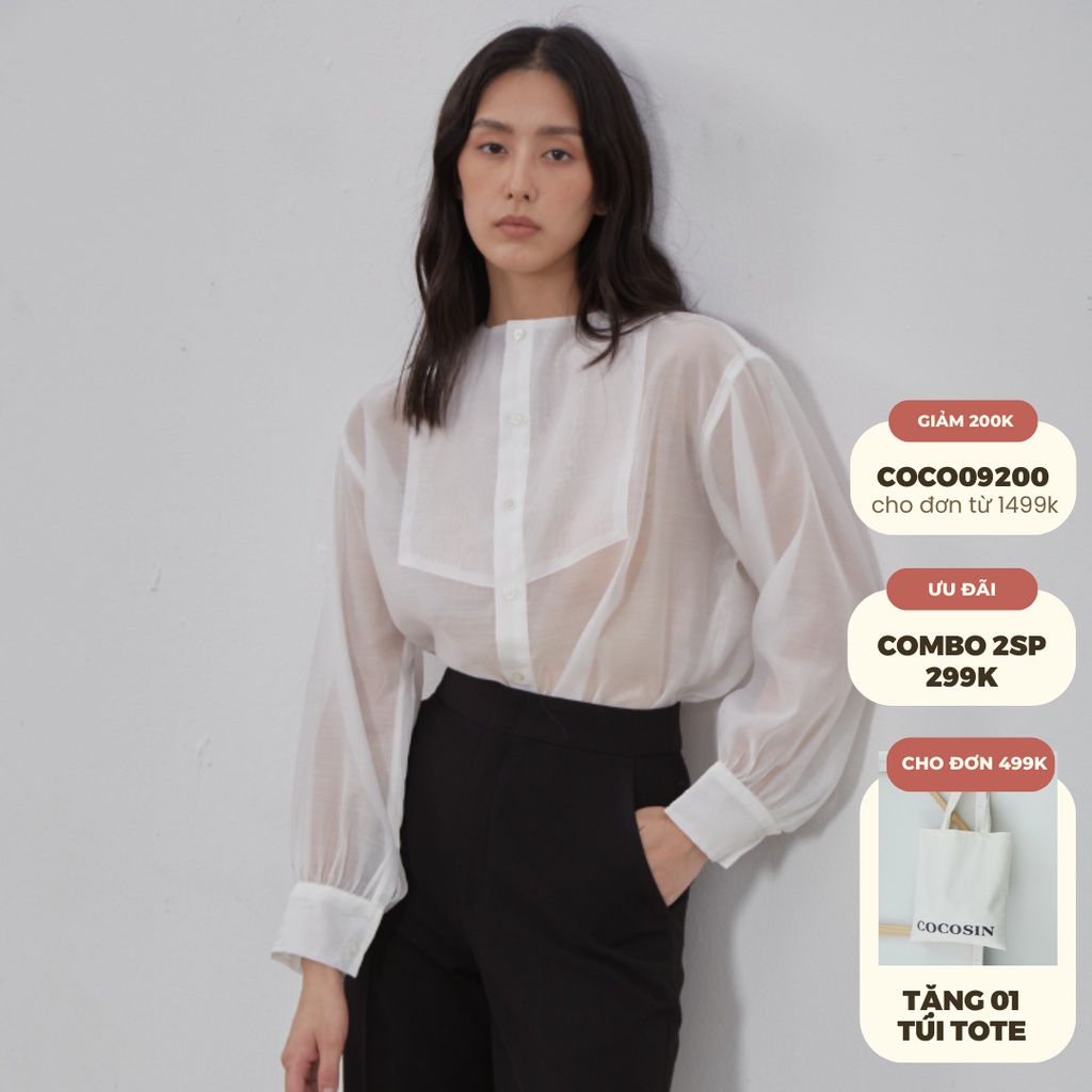 COCO SIN - Áo Sơ Mi Tay Dài Phom Rộng Màu Trắng Công Sở