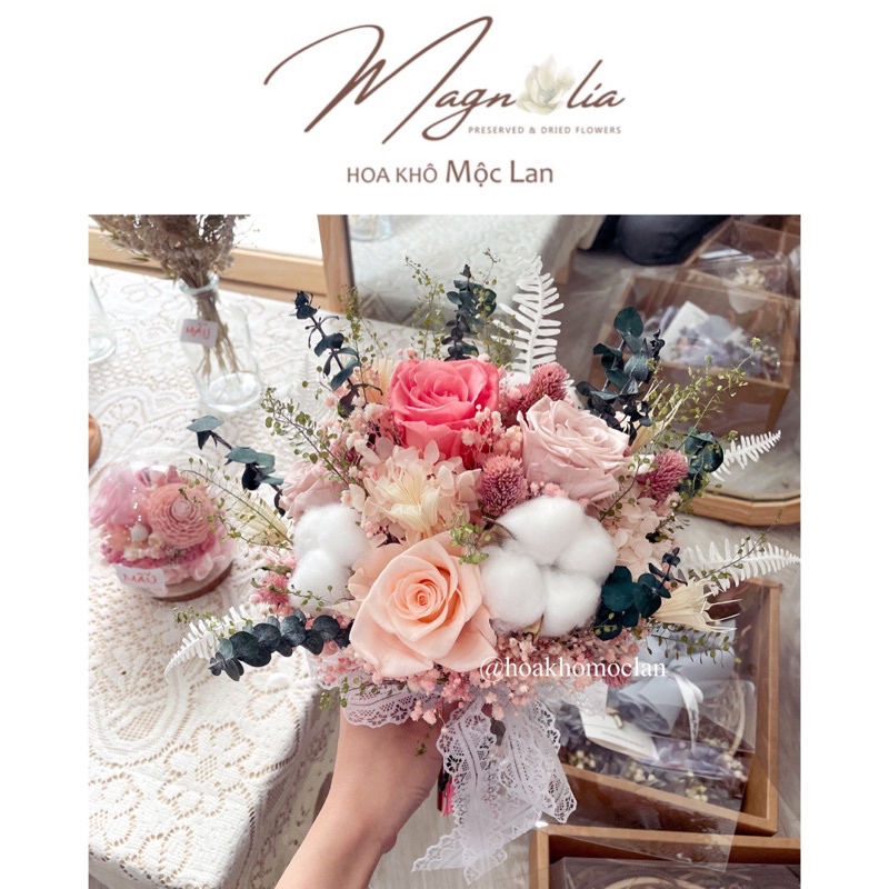 Hoa cưới khô cầm tay cô dâu, hoa khô mixed hoa hồng bất tử vĩnh cửu không tàn