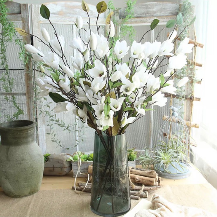 Hoa giả - Hoa mộc lan lụa cao cấp 79cm chùm nhiều bông - Trang trí phòng khách, để bàn