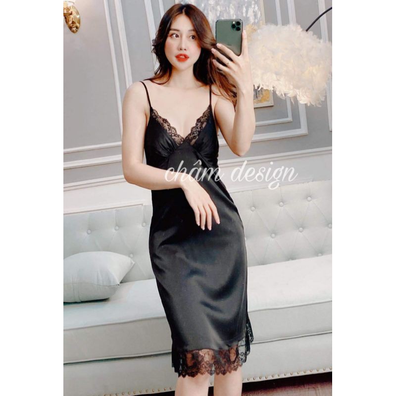 Váy ngủ lụa satin đen pha ren 2 dây dáng dài chân ren( hàng thiết kế độc quyền )❤️ | BigBuy360 - bigbuy360.vn