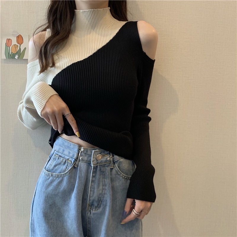 Áo len IELGY màu sắc tương phản dáng ôm vừa vặn phong cách phương tây dễ phối đồ cho nữ