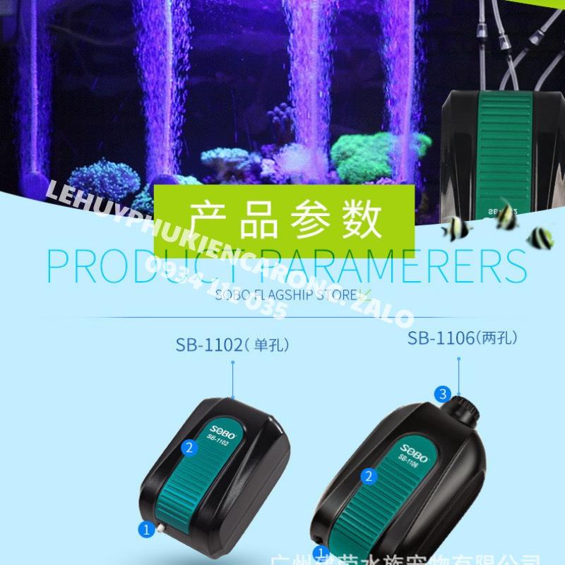 Máy Sủi Oxy Bể Cá SOBO SB-2800, SB-1102 1 vòi và SB-1106 2 vòi chạy siêu êm (chọn combo kèm phụ kiện dây+quả sủi)