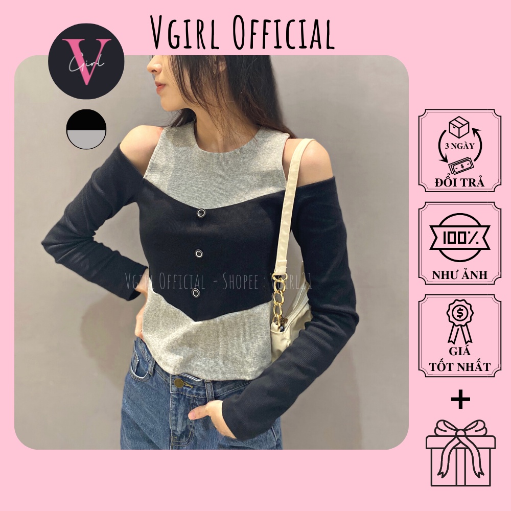 Áo kiểu hở vai tay dài VGIRL phối nút [ẢNH ĐỘC QUYỀN]
