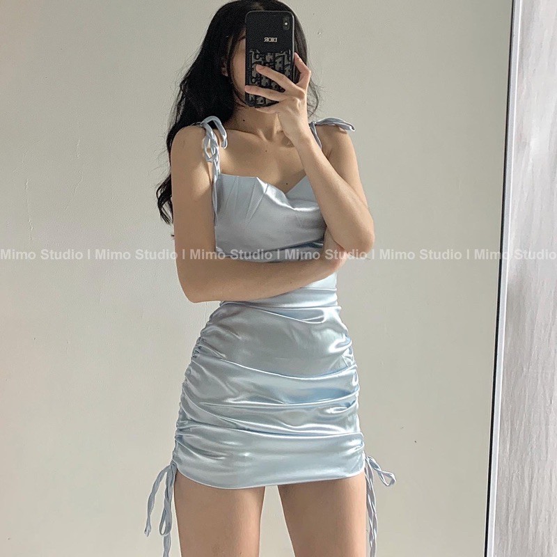 Đầm satin lụa dây rút
