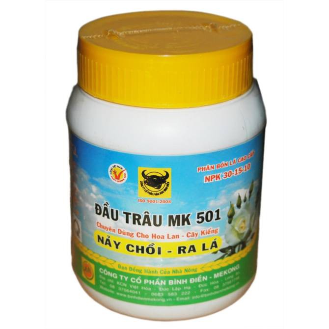 Phân bón lá đầu trâu MK NPK 501 - 701 - 901 hũ 400g giúp toàn bộ quá trình phát triển của Lan và hoa DT501 | Vạn Tín Sto