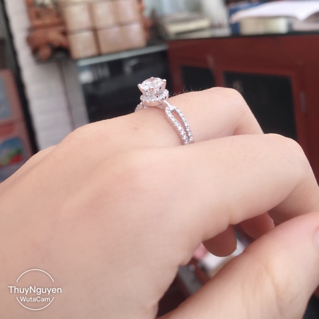 Nhẫn đá cao viền đá nhân tạo bạc thật mạ vàng trắng chuẩn