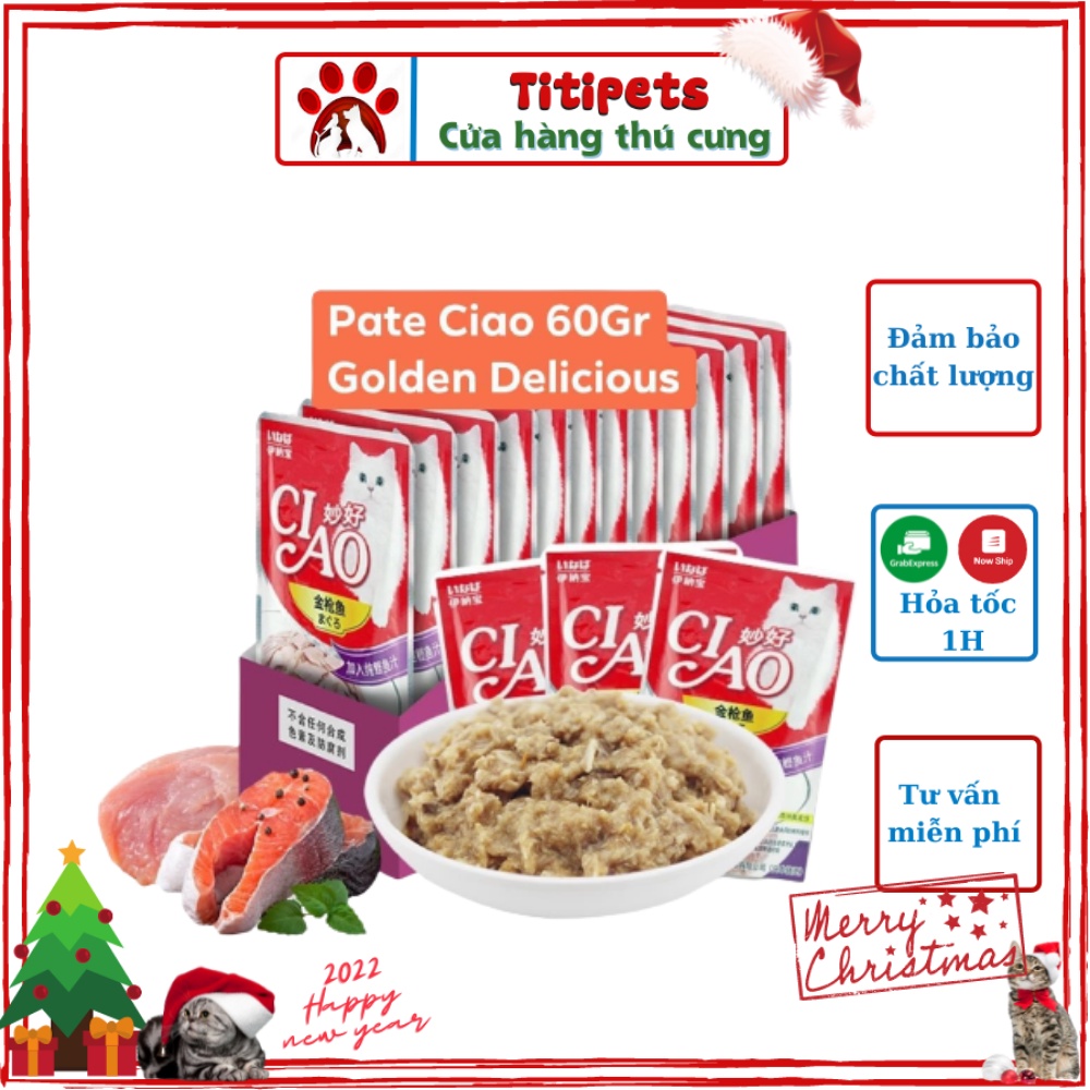 Thức ăn ướt cho mèo COMBO 12 GÓI  Pate CIAO Gói Nhuyễn 60gr, vị Cua,Sò,Gà,Cá Hồi,Cá Cơm Mix Vị Tổng Hợp_TITIPETS