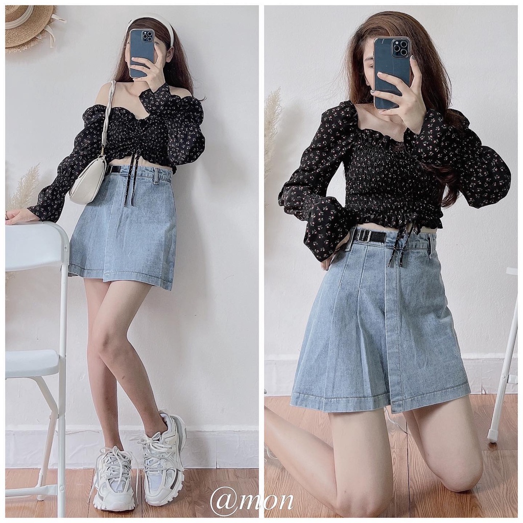 2101445 Chân váy jeans nữ xếp ly có đai chỉnh được eo bé lại màu xanh có size