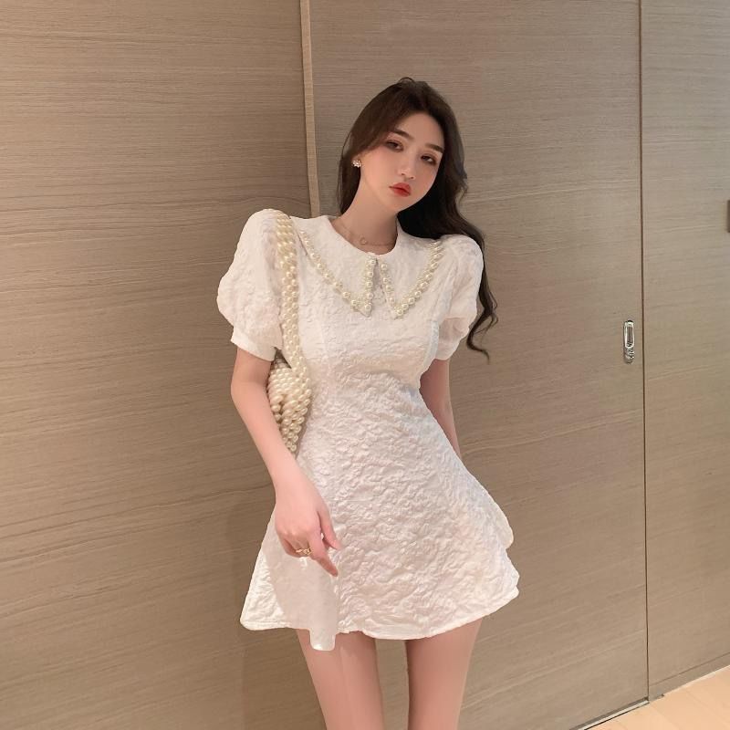 Đầm Ngắn Dáng Chữ A Cổ Búp Bê Tay Phồng Đính Hạt Thời Trang Mùa Hè Phong Cách Pháp 2022