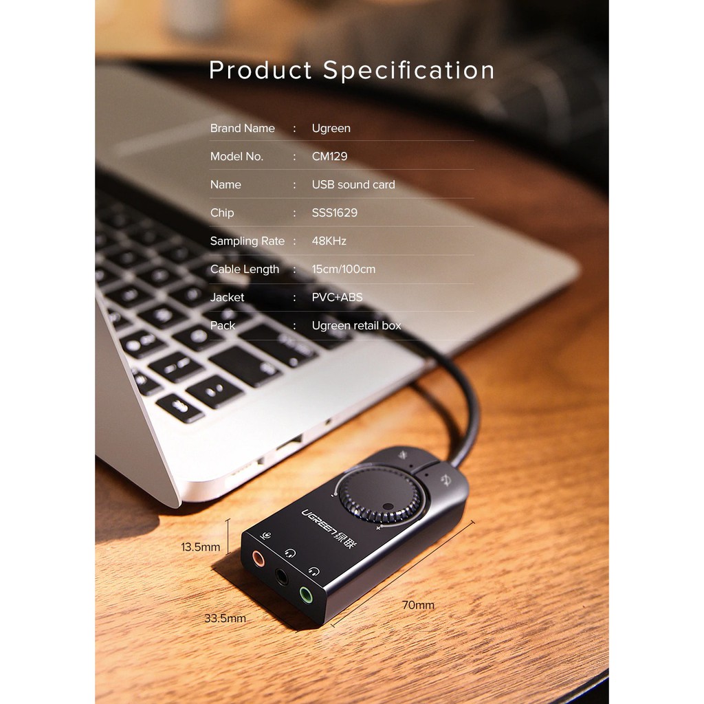 Cáp USB Sound Card 3.5mm Loa & Mic Có Volume Control Ugreen 40964 - Hàng Chính Hãng