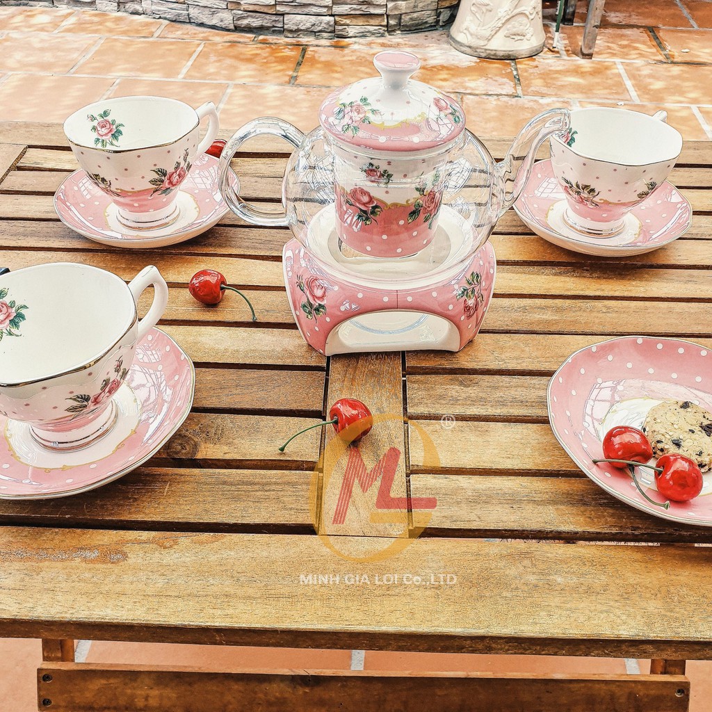 Bộ ấm trà kèm 4 tách Sứ xương Bone Porcelain (kèm đế đựng nến thuỷ tinh cao cấp)