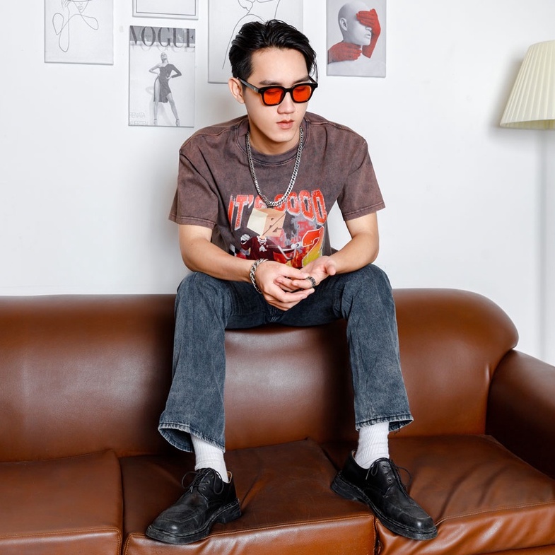 Áo thun wash nam nữ PC Retro - Màu nâu Dáng oversize Hoạ tiết hình in cá tính