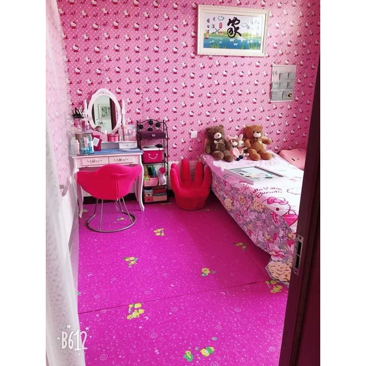 Bộ 5 Tấm Xốp Dán Tường Hoạt Hình Kitty Màu Hồng Dễ Thương, Kích Thước 70cm x 77cm