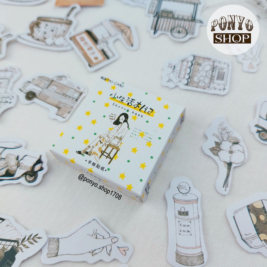 🖤 Hộp 46 sticker nhãn dán Sketch book trang trí Srapbook