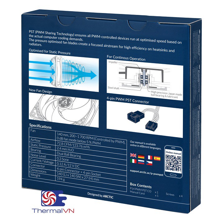 Quạt Fan Case 14cm Arctic P14 PWM PST CO - Quay êm 1700 vòng sức gió 72.8 CFM, bền bỉ với ổ trục vòng bi bền bỉ