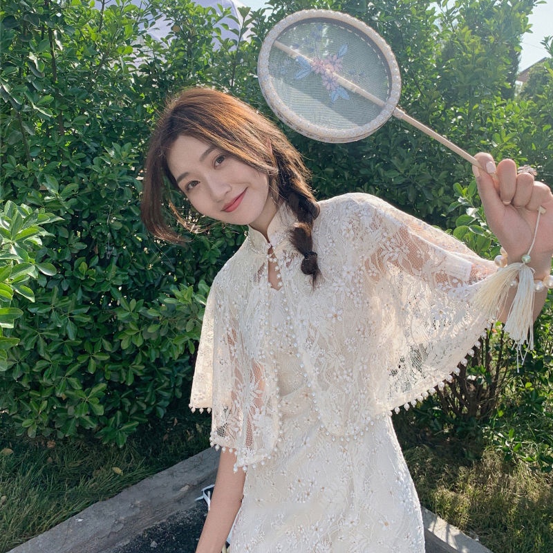 Seto with the same style online celebrity pearl cheongsam shawl summer high-end women wear a foreign style with a skirt