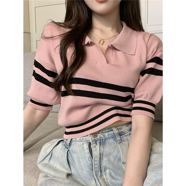 Áo thun NZN dệt kim tay ngắn cổ polo dáng rộng thời trang mùa hè cho nữ