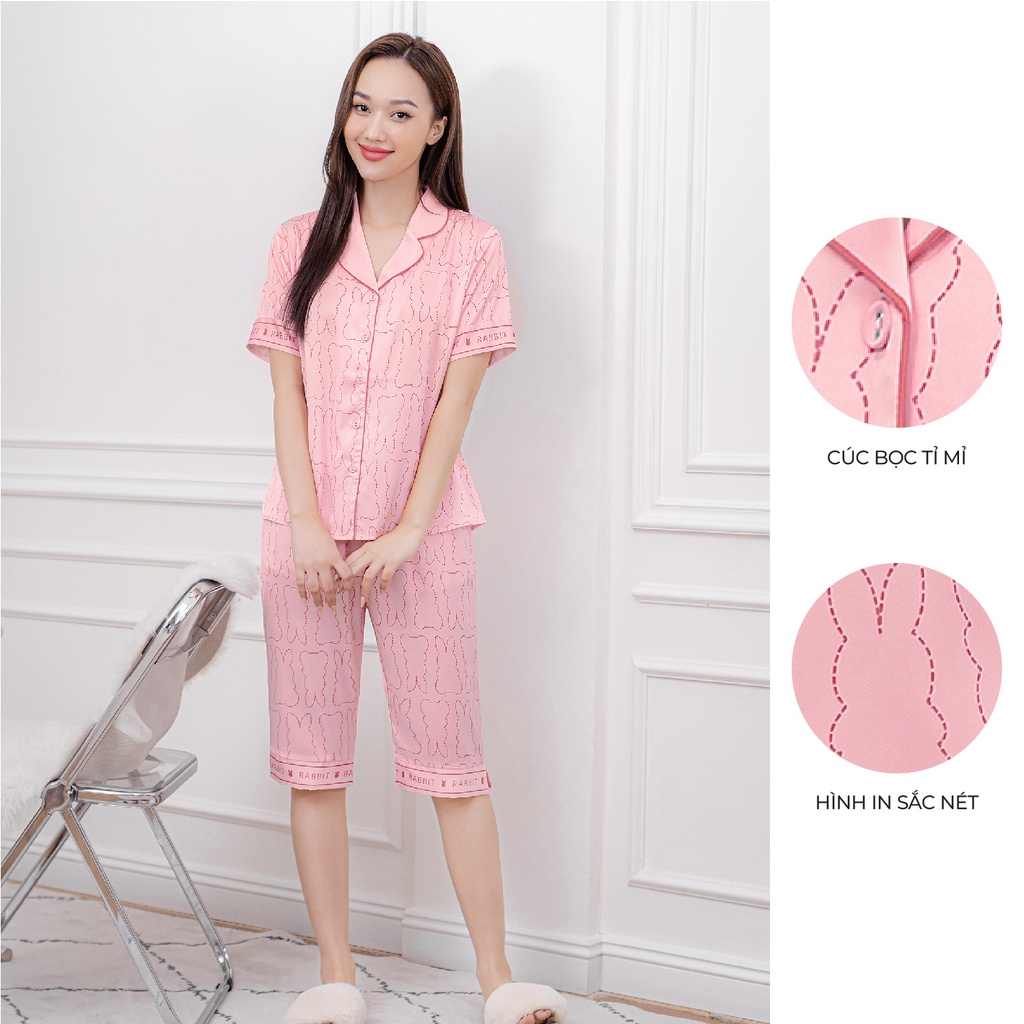 Bộ ngủ satin ZAM Luxury - SLA84 - áo ngắn tay quần lửng họa tiết