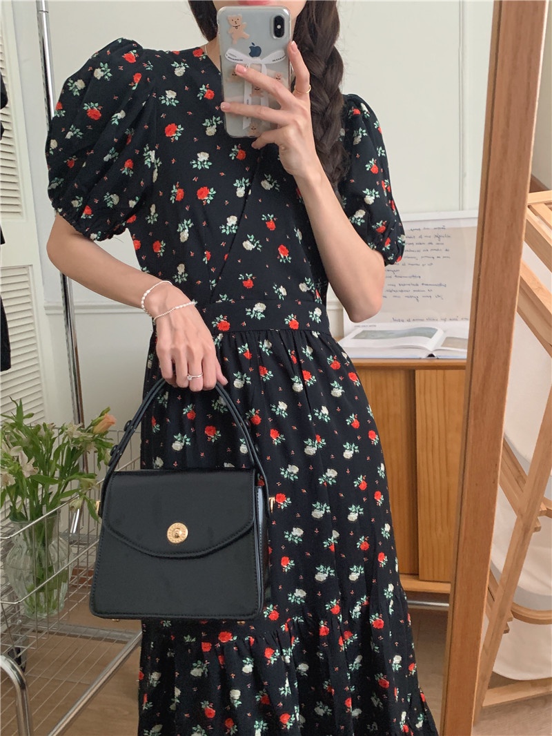 Đầm Hoa Ngắn Tay Cổ Chữ V Thời Trang Hàn Quốc Mới 52110