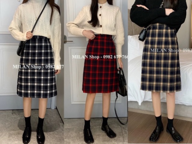 Chân váy dạ kẻ caro có túi kèm đai | BigBuy360 - bigbuy360.vn