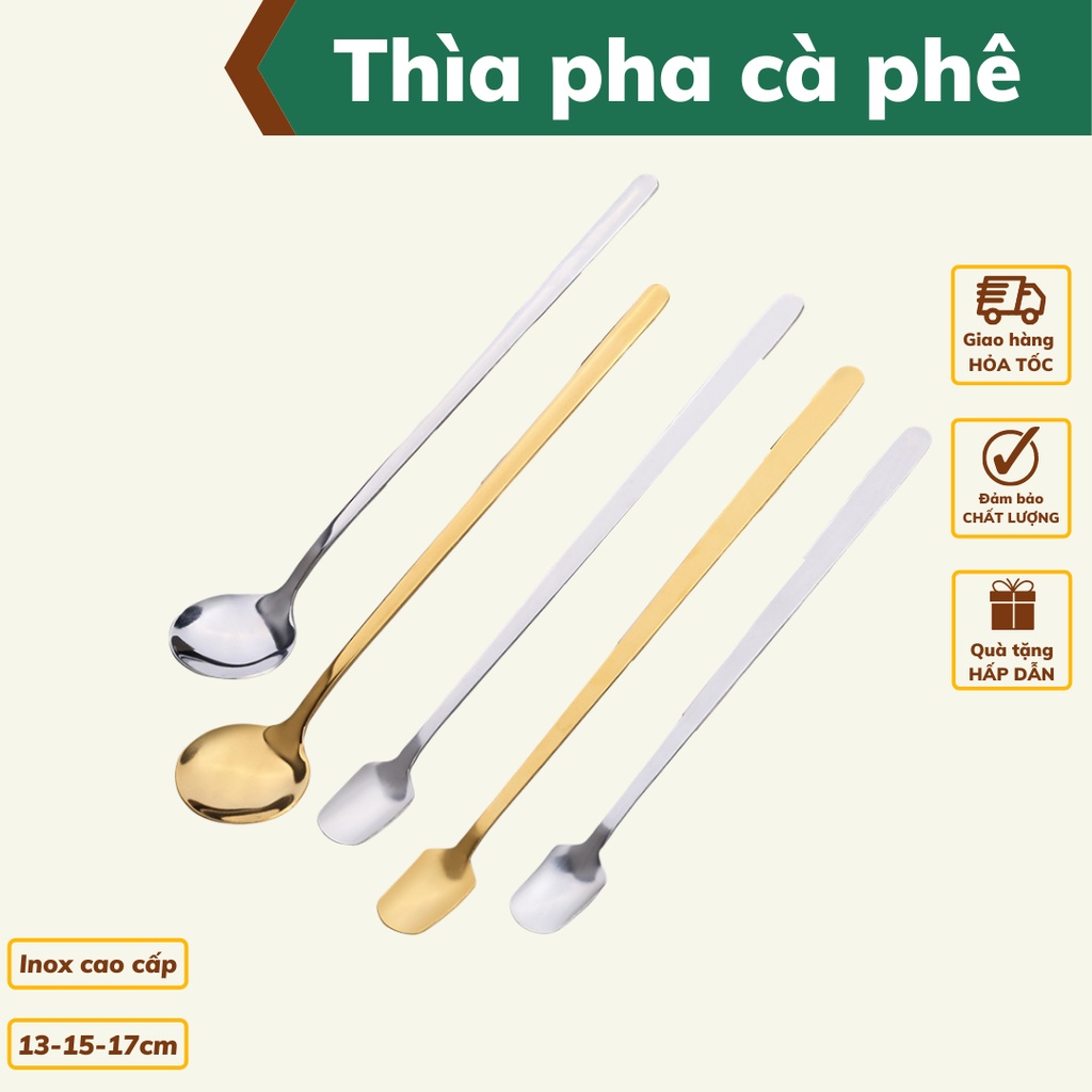 Thìa inox pha trà mạ vàng dụng cụ pha cà phê cán dài kiểu dáng sang trọng thiết kế hiện đại độ dài 13-15-17 cm