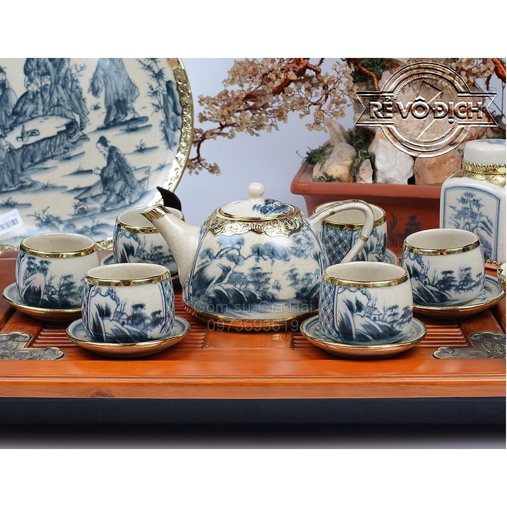 Bộ Ấm Chén Men Rạn Dáng Siêu Quai Sứ Bọc Đồng 550ml Gốm Bát Tràng( Bộ bình trà, uống trà)