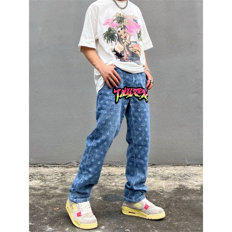 American High Street Flocking Embroidered Gradient Jeans Men's Ins Fashion Brand Street Hip-Hop Loose Straight Full Printed Pants Vr8N