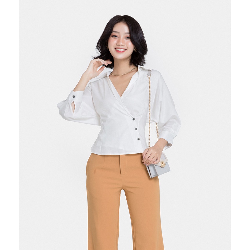 Áo Sơmi Nữ Thời Trang HNOSS Cổ Đắp Vạt Tay Dài ASM009