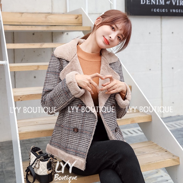 Áo khoác nữ dạ kẻ cổ vest lót lông dày ấm áp freesize hàng Quảng Châu LYY BOUTIQUE