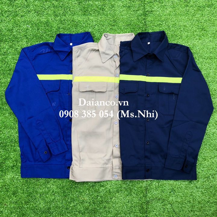 Áo bảo hộ công nhân may kèm phản quang vải kaki Nam Định thoáng mát- Hình thật