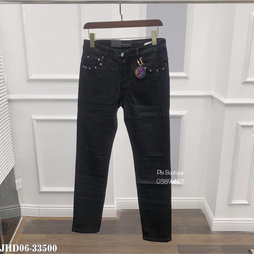 Quần jean bò nam đen rách gối tag cúc titan móc treo logo màu- Quần rách gối QJ164P