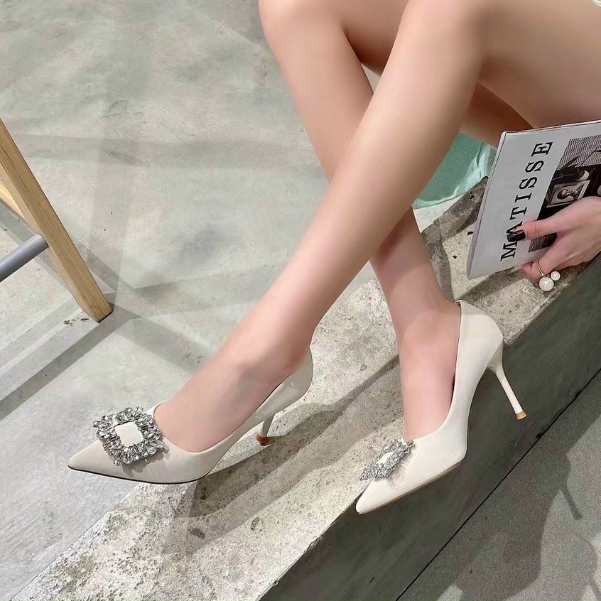 G22 Giày cao gót nữ hoa đá vuông vải lụa cao 7p sang chảnh