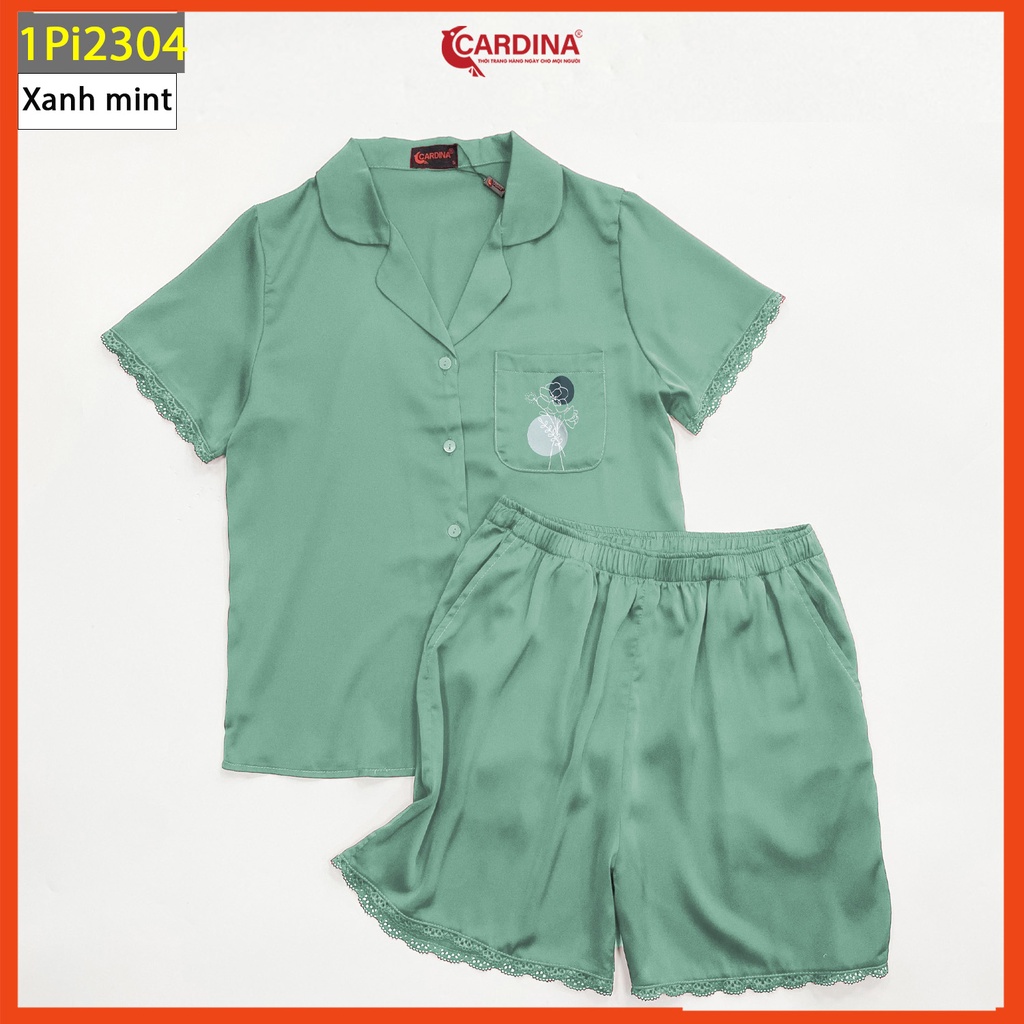 Đồ bộ pijama nữ CARDINA chất lụa satin Nhật cao cấp áo cộc tay quần đùi viền ren mềm mại thoáng mát 1Pi23