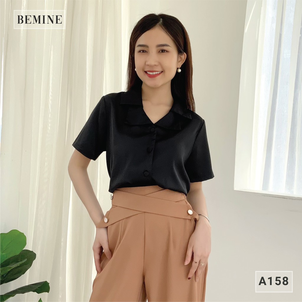 Áo sơ mi công sở nữ cổ tim 2 lá tay ngắn BEMINE A158ĐEN