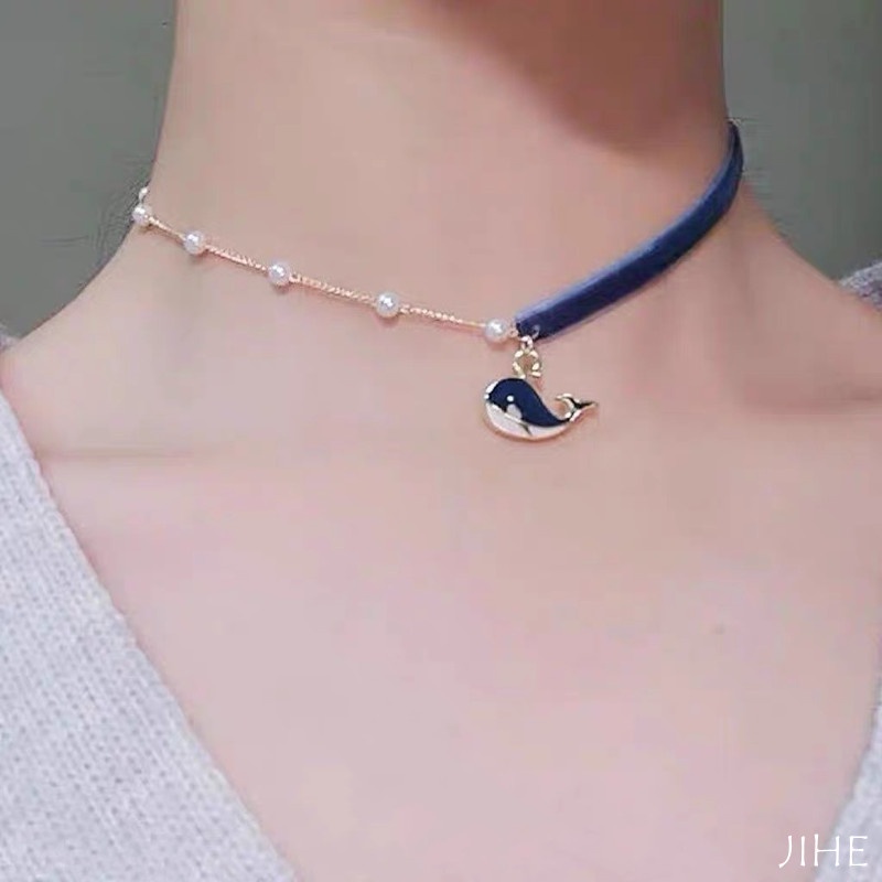 Dây Chuyền Đính Ngọc Trai Hình Cá Voi Xanh Phong Cách Nhật Hàn Thời Trang Đơn Giản