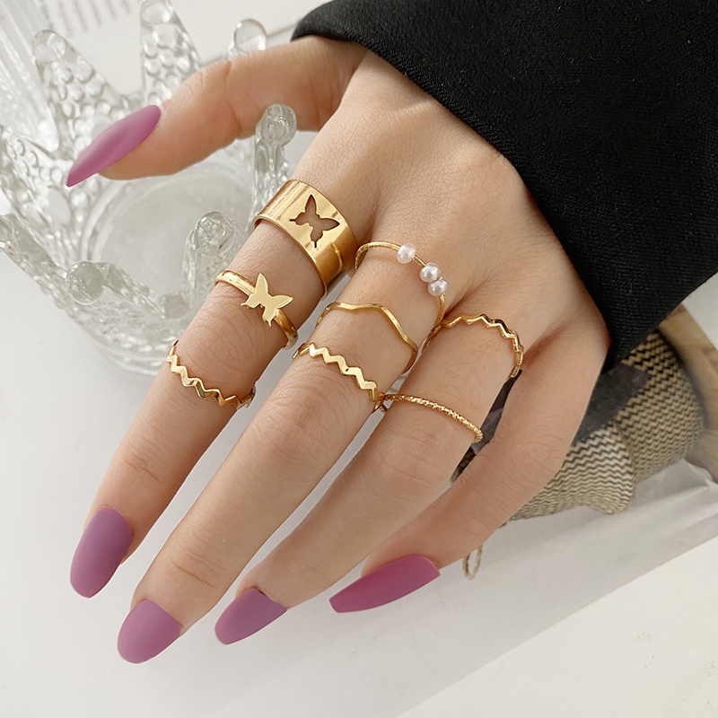 Bộ nhẫn mặt hình bươm bướm/ngọc trai nhân tạo nhiều kiểu dáng màu vàng/bạc phong cách Hàn Quốc