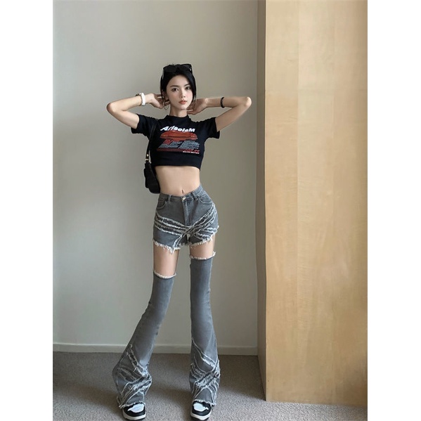Quần Short Jeans Lưng Cao Ống Đứng Tua Rua Thời Trang Mùa Hè Cho Nữ
