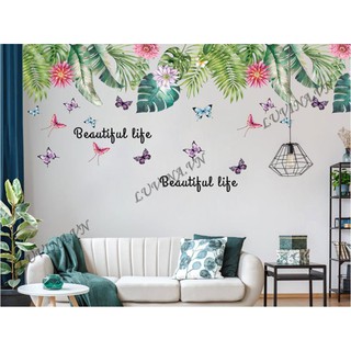 Decal dán tường LUVINA trang trí phòng khách, phòng ngủ, phòng ăn - lá dương xỉ hoa bướm