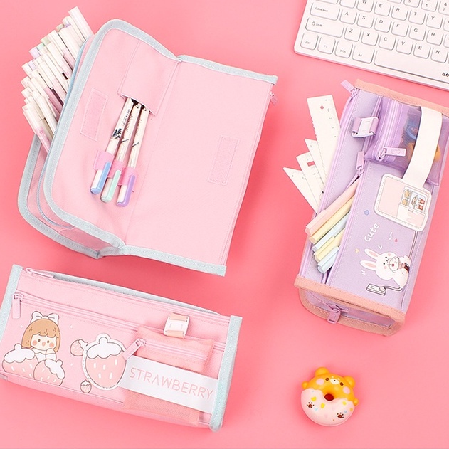 Túi bút vải hình cô gái to nhiều ngăn - hộp vải canvas đựng mỹ phẩm, Bóp viết dành cho nữ cute  HBV59