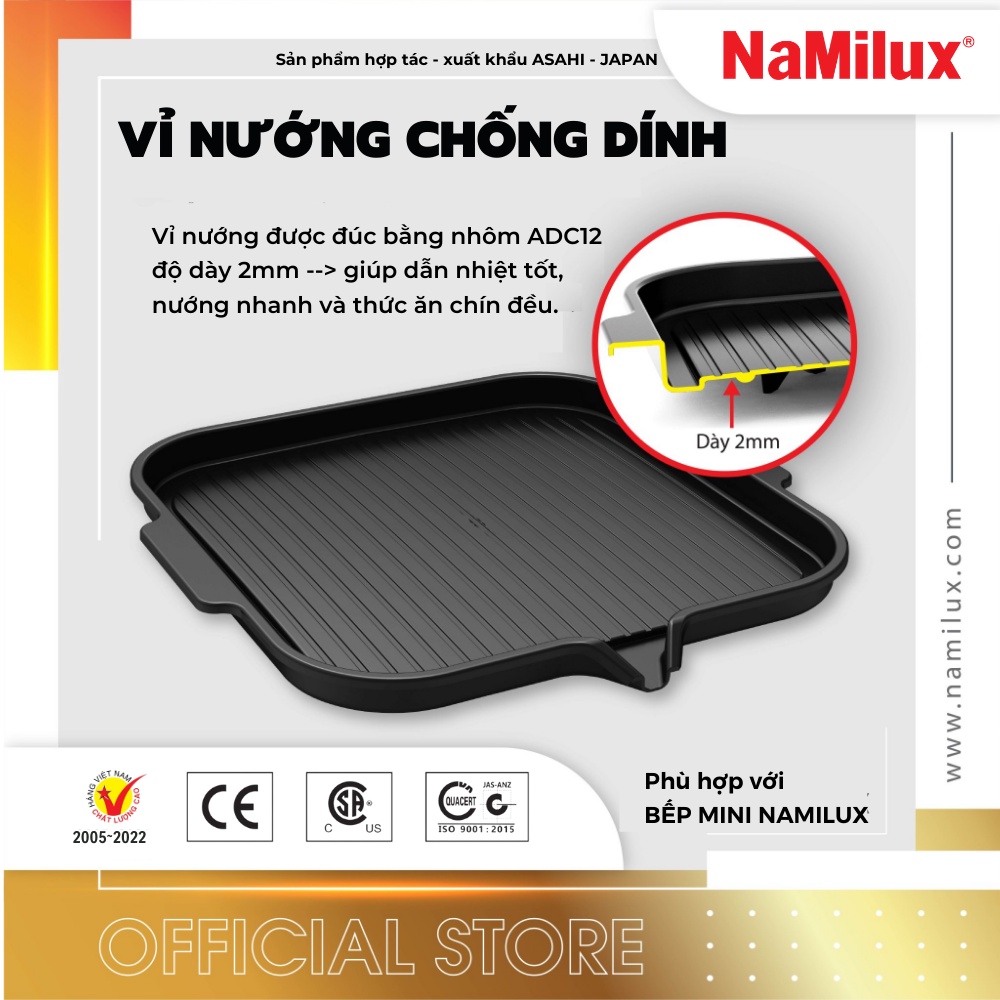 Chảo Nướng/Vỉ Nướng Chống Dính Không Khói NaMilux│Phủ Lớp Chống Dính Teflon Whitford│Có Rãnh Thoát Mỡ│Hàng Chính Hãng