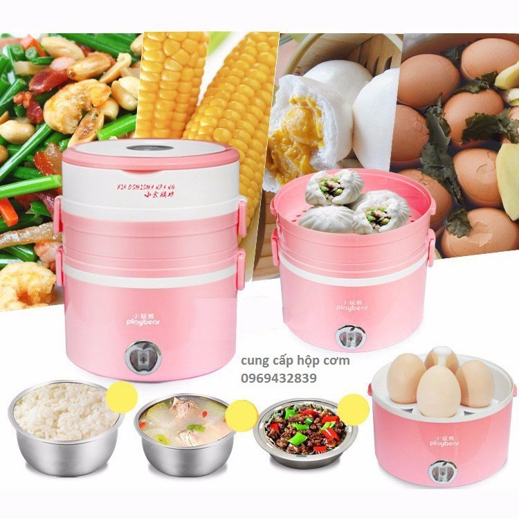 Hộp cơm hâm nóng cắm điện 3 tầng inox Playbear DFH2019 Tặng Bộ Thìa Đũa Inox 304 Cao Cấp | BigBuy360 - bigbuy360.vn