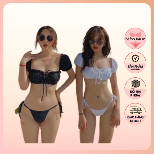 Set Bikini đi biển 2 mảnh, đồ bơi áo tay bèo cúp ngực sexy phối quần cột dây sexy B2